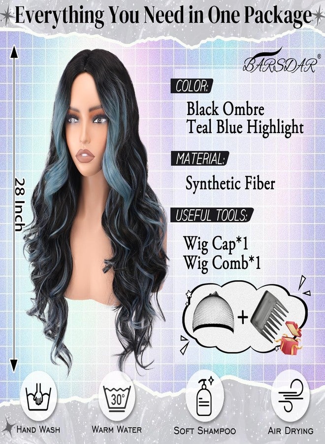 BARSDAR Black Teal Blue Highlight Long Wavy Wig with Curtain Bangs – 28 Inch Teal Blue Black Ombre Highlight Calico Wig for Women – Natural Looking Thick Soft Synthetic Party Halloween Gothic Costume - Image 2